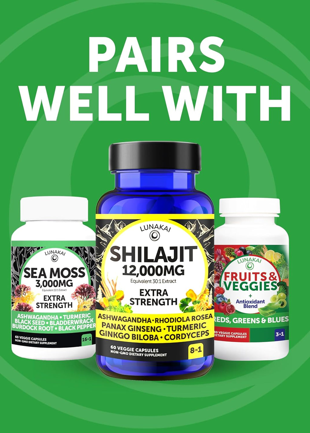 Lunakai USA Made Superfood Fruits & Veggies Supplement - All-in-One con 4 Mezclas y Cápsulas Aromáticas, 180 Cápsulas para Adultos