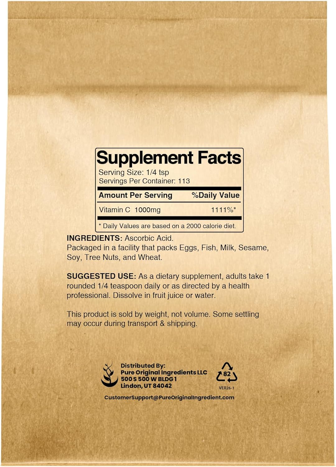 PURE ORIGINAL INGREDIENTS Vitamina C en polvo (113 g) Ácido ascórbico puro, sin OGM