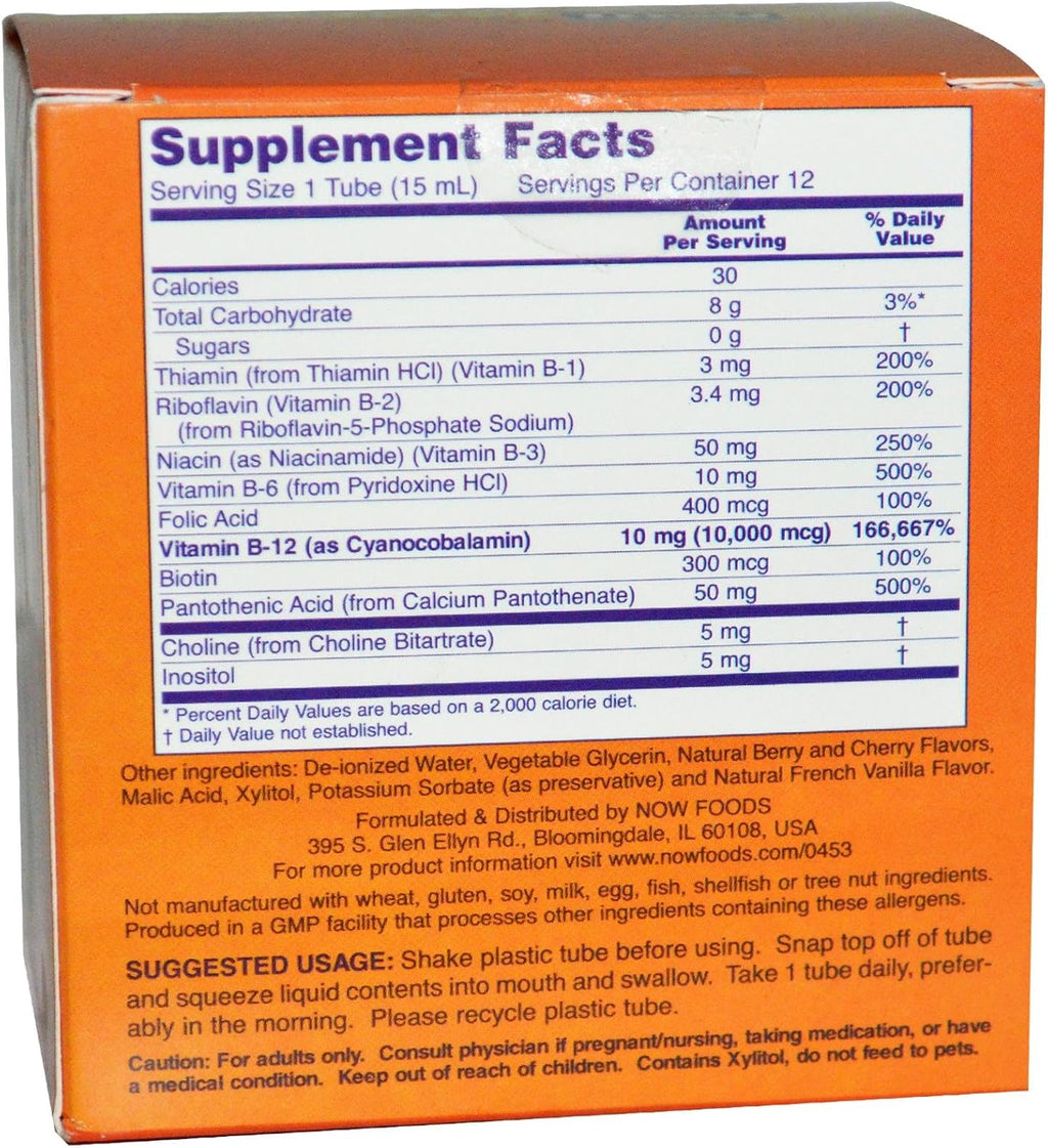 NOW Foods Shots Líquido B12 Energy Boost Sabor Bayas Mixtas 10000 mcg - 12 Viales