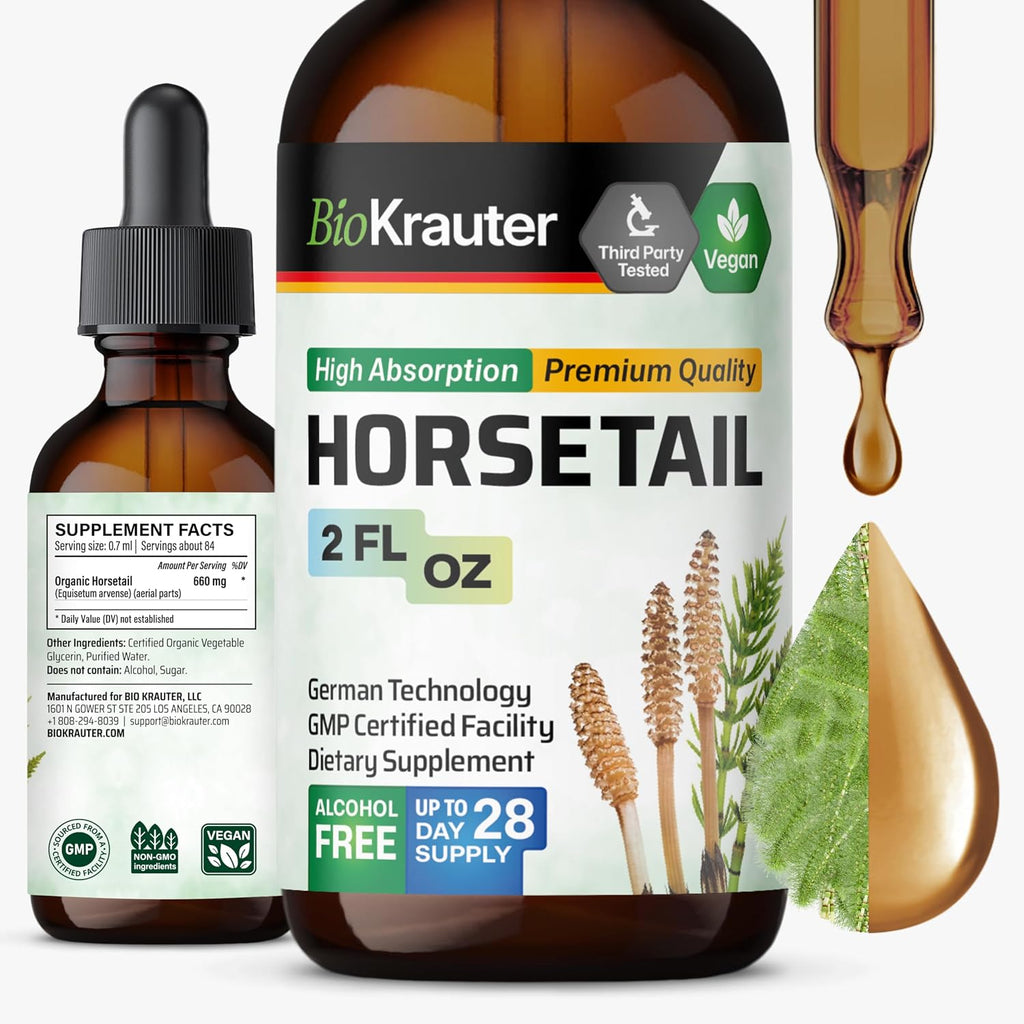 BIO KRAUTER® Cola de Caballo Extracto Líquido para Cabello, Piel y Uñas - 660 mg por dosis - 60 ml - Vegano, Sin Alcohol y Sin Azúcar
