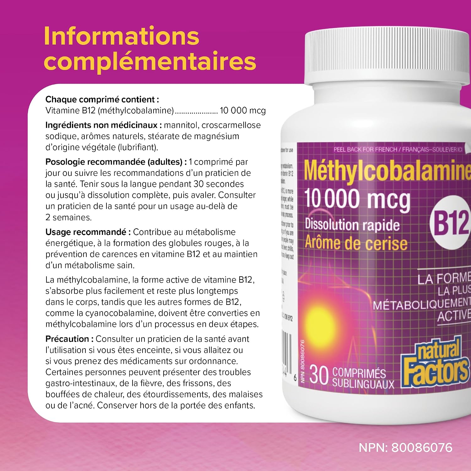 Natural Factors Methylcobalamin 10.000 mcg - Vitamina B12 metabólicamente activa - 30 comprimidos masticables