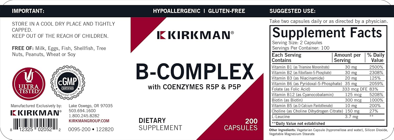 Kirkman B-Complex with CoEnzymes R5P & P5P - Hypoallergenic - 200 Vegetarian Capsules
