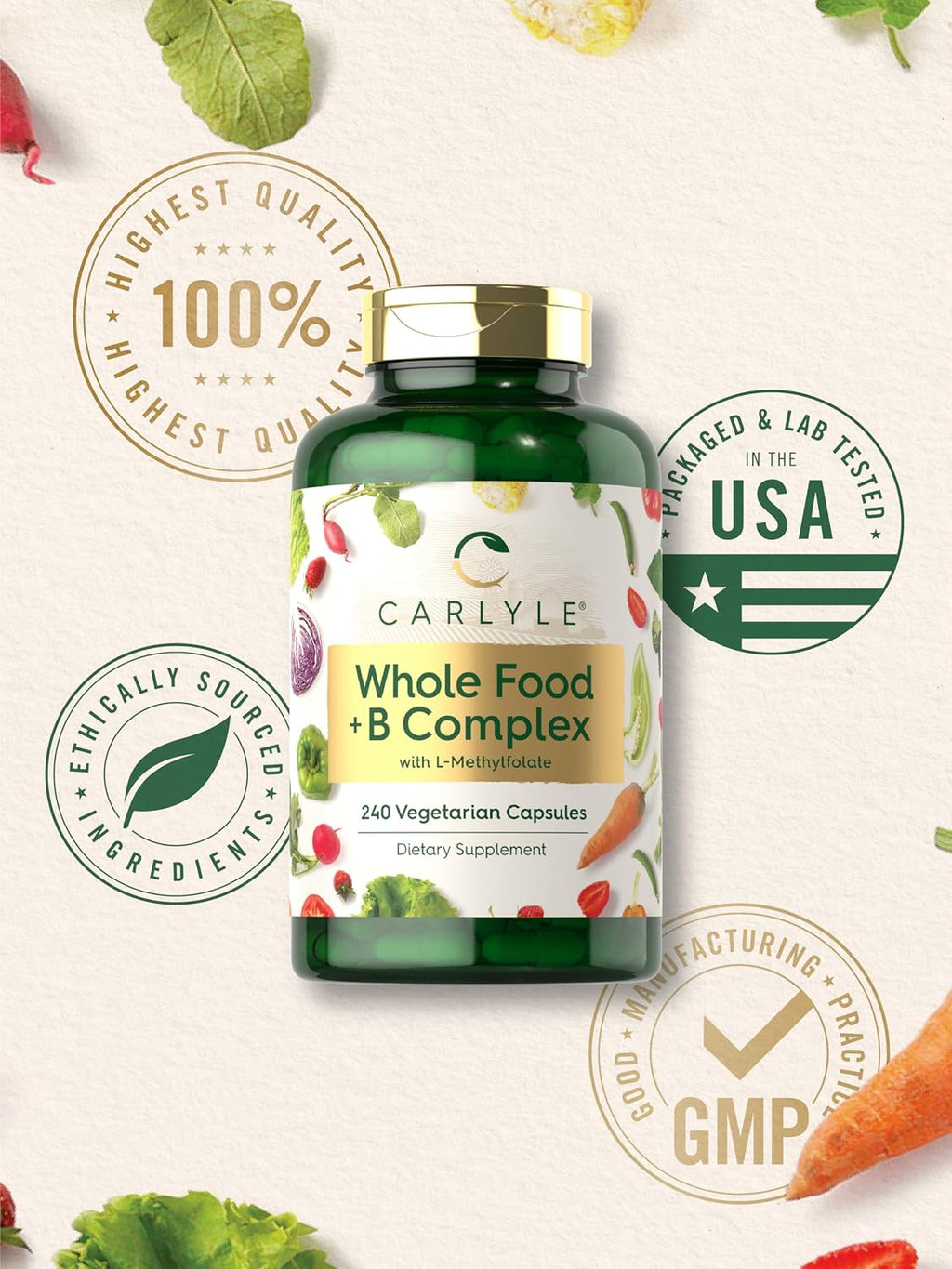 Carlyle Complejo B con Mezcla de Alimentos Integrales | 240 Cápsulas | con B1, B2, B6, B12, Biotina, Niacina y Metilfolato | Suplemento Vegetariano, No GMO y Sin Gluten