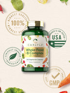 Carlyle Complejo B con Mezcla de Alimentos Integrales | 240 Cápsulas | con B1, B2, B6, B12, Biotina, Niacina y Metilfolato | Suplemento Vegetariano, No GMO y Sin Gluten
