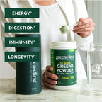 Greens First Gift Set - Edición Limitada con Jarra de Cristal y Polvo Verde Orgánico - 49 Superalimentos - Prebióticos, Probióticos y Enzimas Digestivas - Sin Lácteos, Vegano y No GMO - Menta - 30 Servicios
