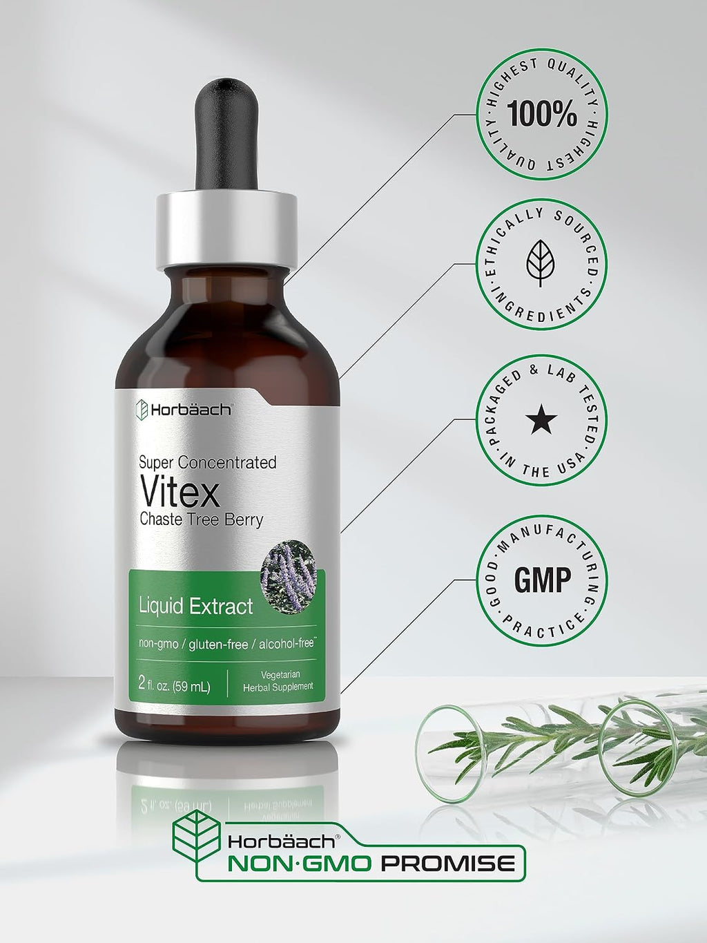 Extracto Líquido de Vitex (Baya de Casto) de Horbäach | 60 ml | Tintura Superconcentrada Sin Alcohol | Complemento Alimenticio Vegetariano, No-GMO, Sin Gluten