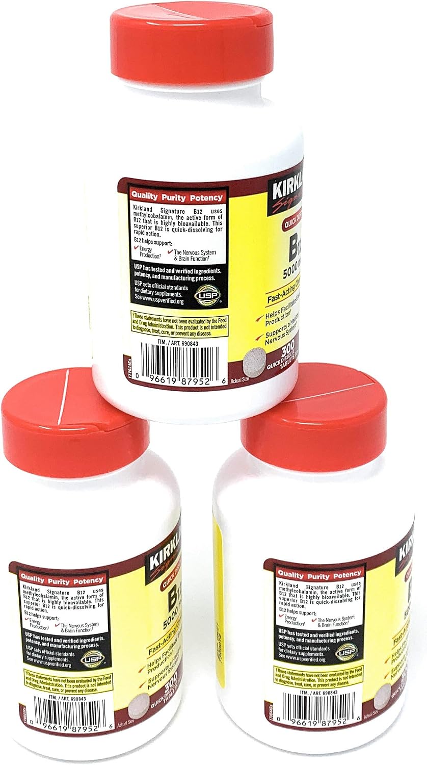 Kirkland Signature Vitamina B12 Sublingual 5000 mcg, 3 Frascos (300 Comprimidos)