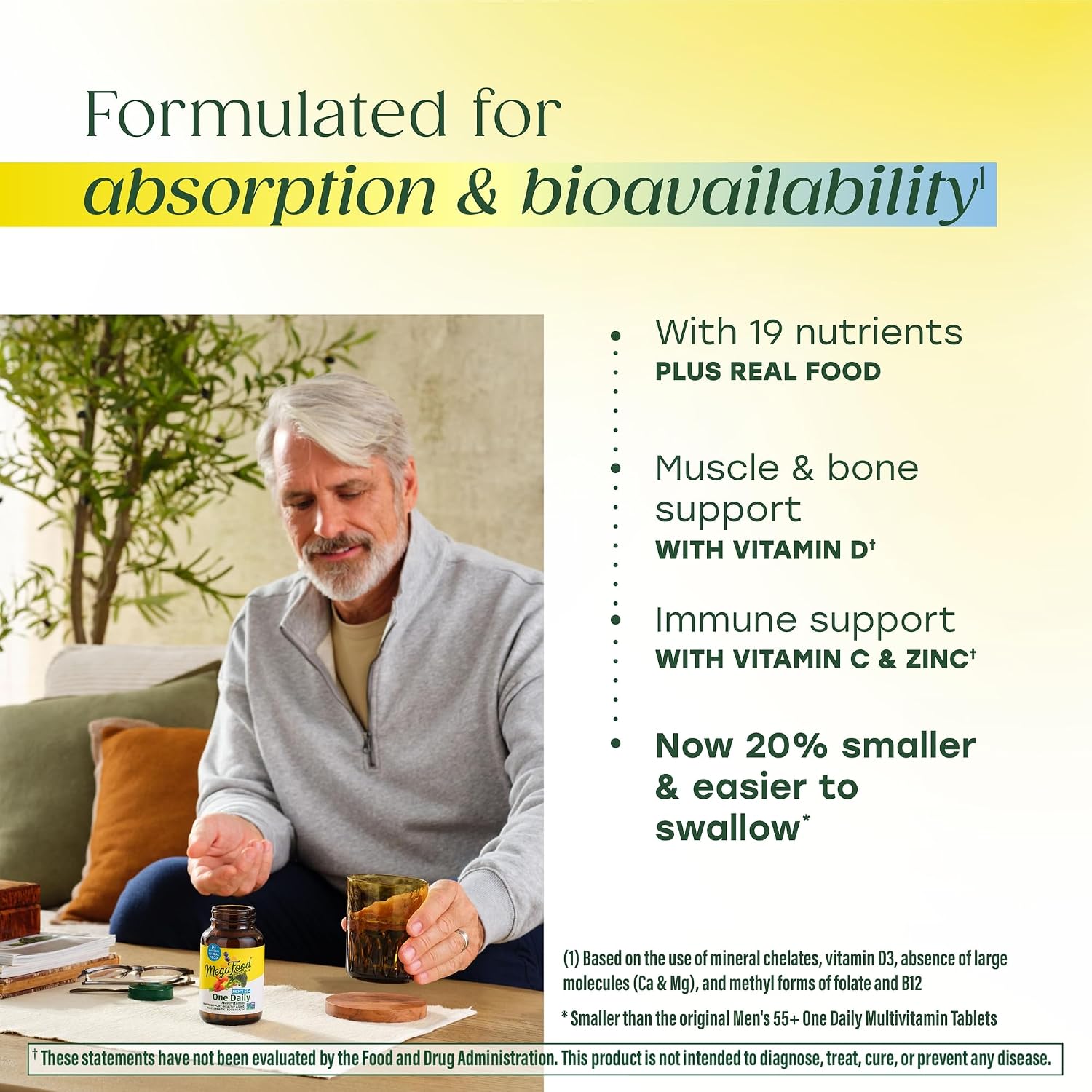 MegaFood Multivitamínico para Hombres 55+ - 1 Comprimido Diario, con B12 Metilada, Vitamina D3, C y Zinc - Salud Ósea, Muscular e Inmunitaria - 60 Comprimidos
