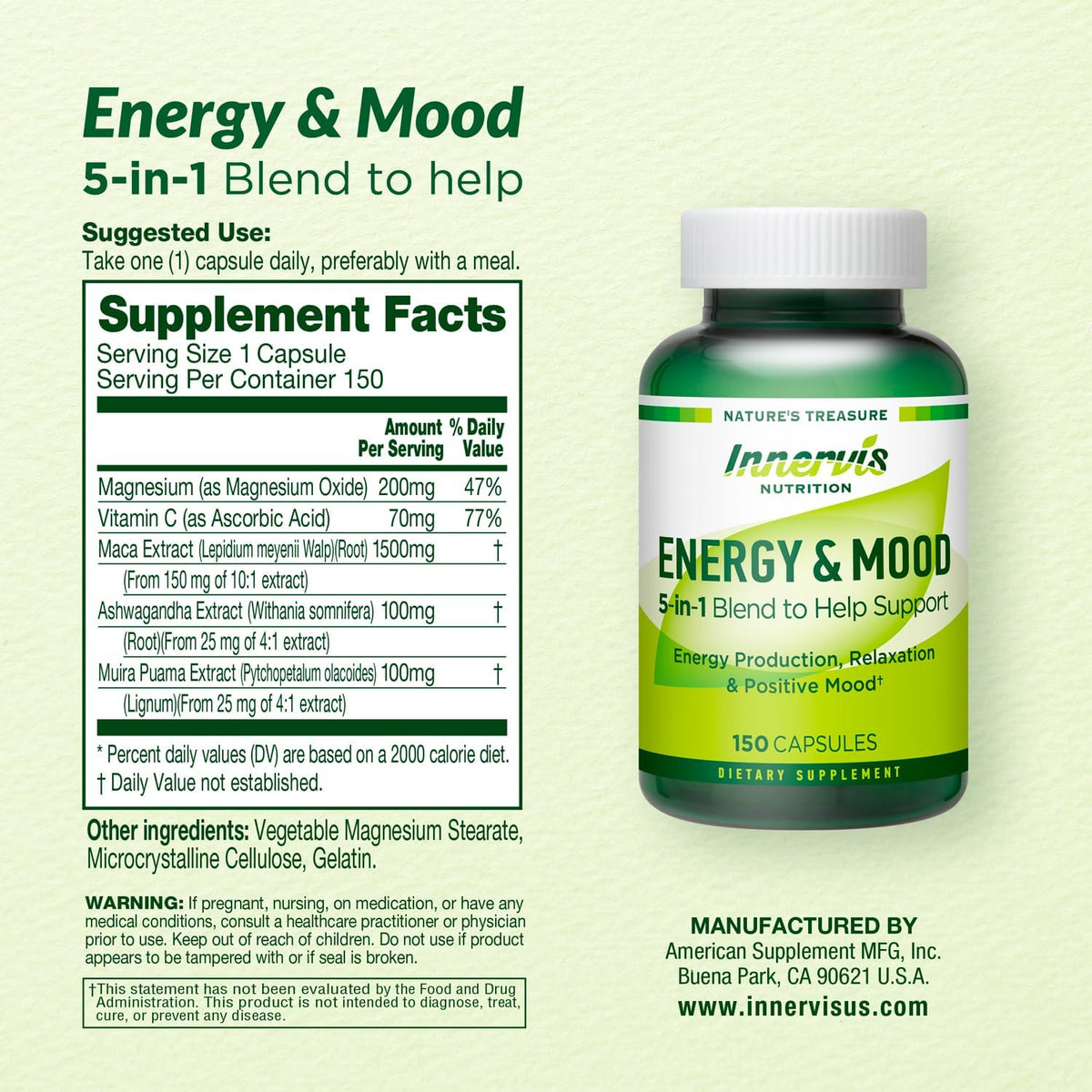 Energy & Mood Supplement – Boost Energy & Reduce Fatigue, Support Relaxation – 150 Capsules – Non-GMO, 3rd Party Tested – – Image 9