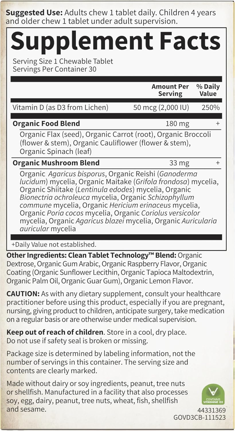 Garden of Life Organics Vitamina D3 Vegana con Hongos Orgánicos - 30 Tabletas Masticables Sabor Limón Frambuesa