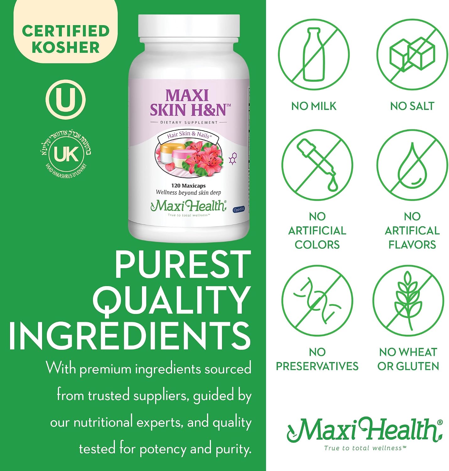 Maxi Health Vitaminas para Cabello, Piel y Uñas con Ácido Hialurónico, Biotina, Vitamina A y Probióticos - 120 Cápsulas