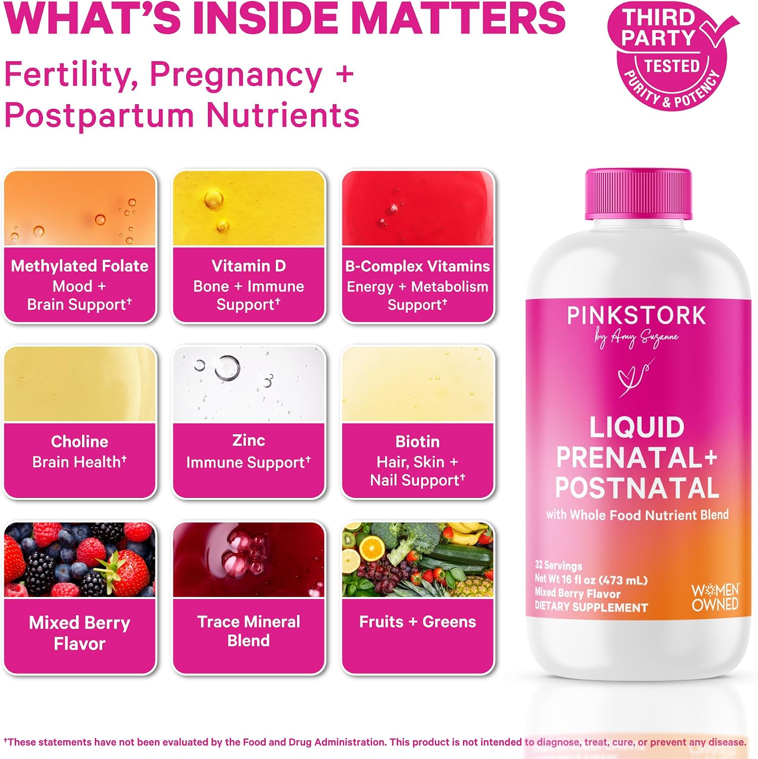 Pink Stork Liquid Prenatal Vitamins for Women – Berry, 64 Servings