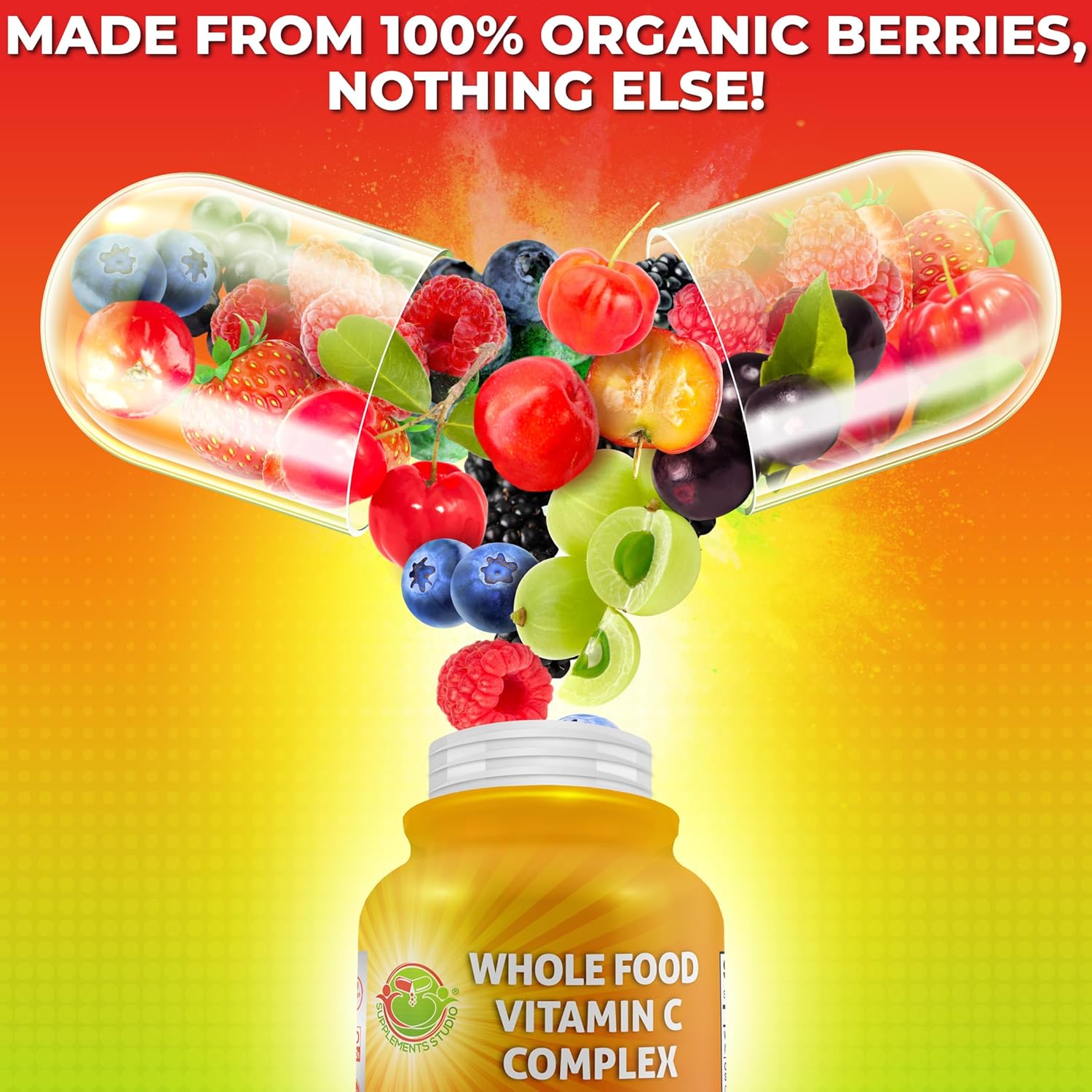 Whole Food Vitamin C Complex - 1450mg Bayas Ecológicas - 675 mg Vitamina C por Dosis, Alto Poder Antioxidante e Inmunológico con Acerola, Amla y Bioflavonoides Naturales - Vegano, No Transgénico, 120 Unidades
