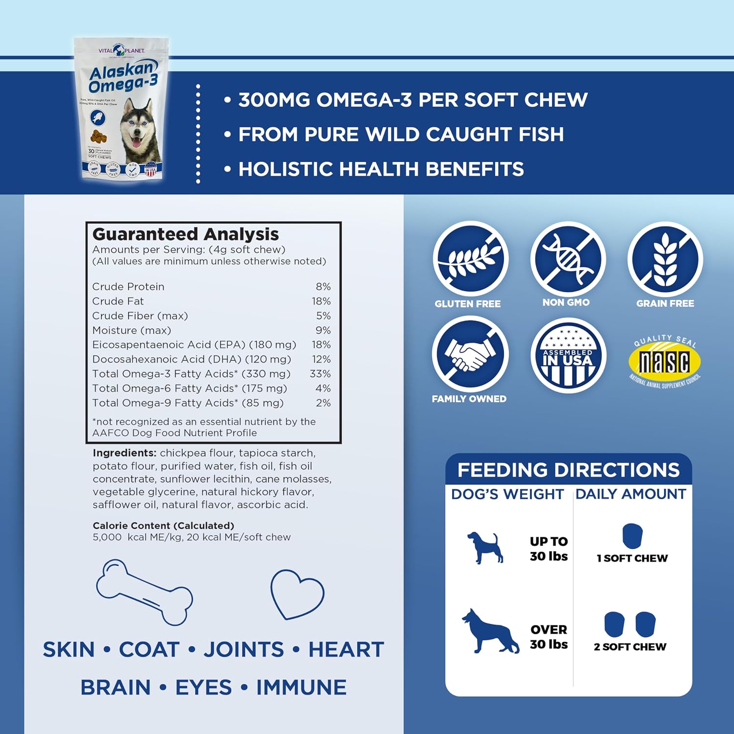 Vital Planet - Alaskan Omega-3 Masticables para Perros, Aceite de Pescado Salvaje de Alaska – 30 Masticables Sabor Hickory