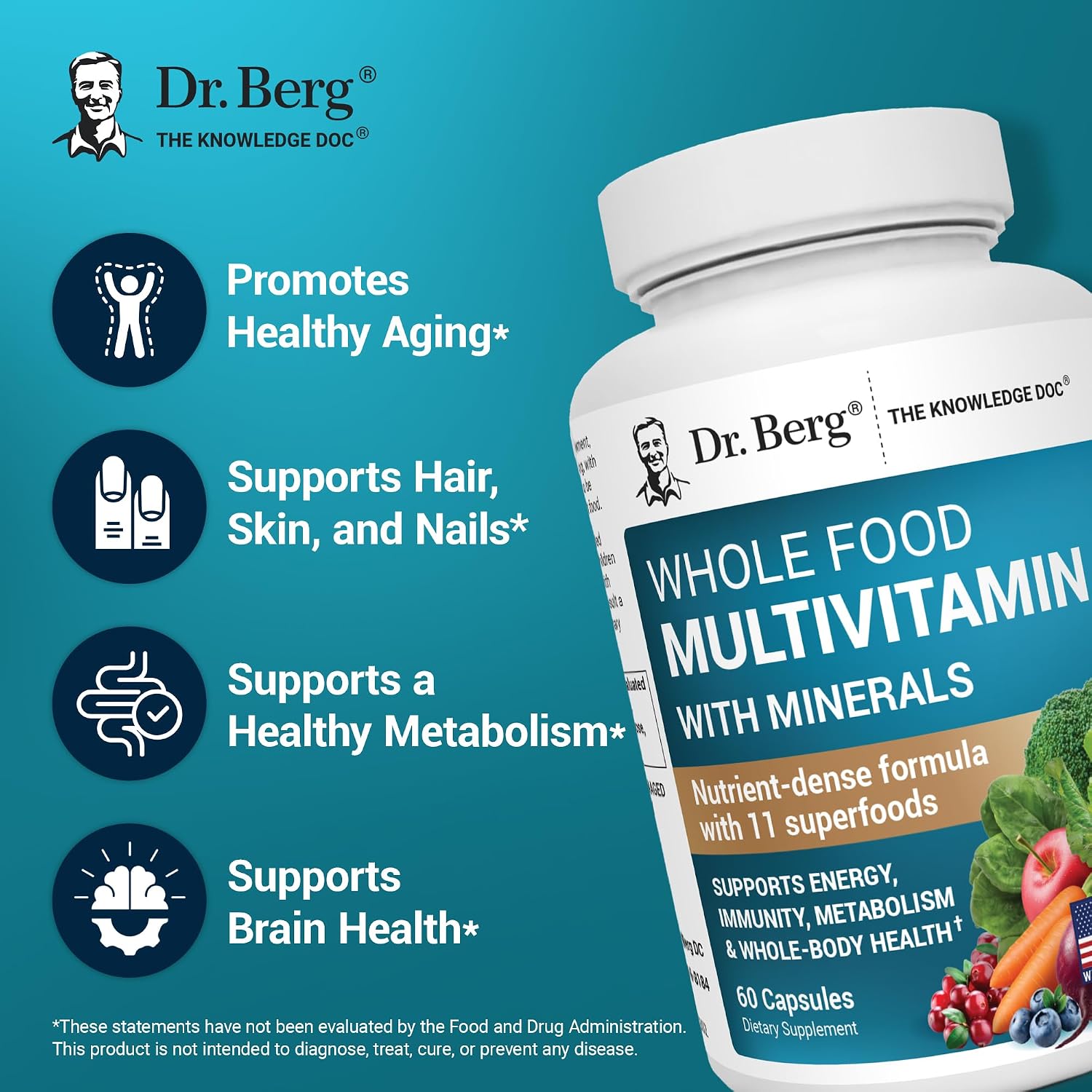 Dr. Berg Whole Food Multivitamin con Minerales - Multivitamínico Diario para Hombres y Mujeres - Incluye Mezcla Premium de Frutas y Verduras con Folato, Ácido Alfa Lipoico y Más - 60 Cápsulas