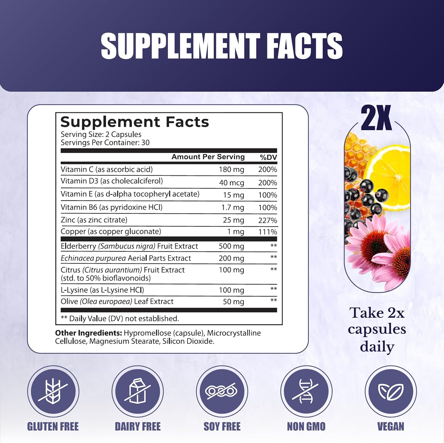NATION HEALTH MD Complemento para el Apoyo Inmunológico con Saúco, Zinc, Vitaminas C, D3 y E - 60 Cápsulas