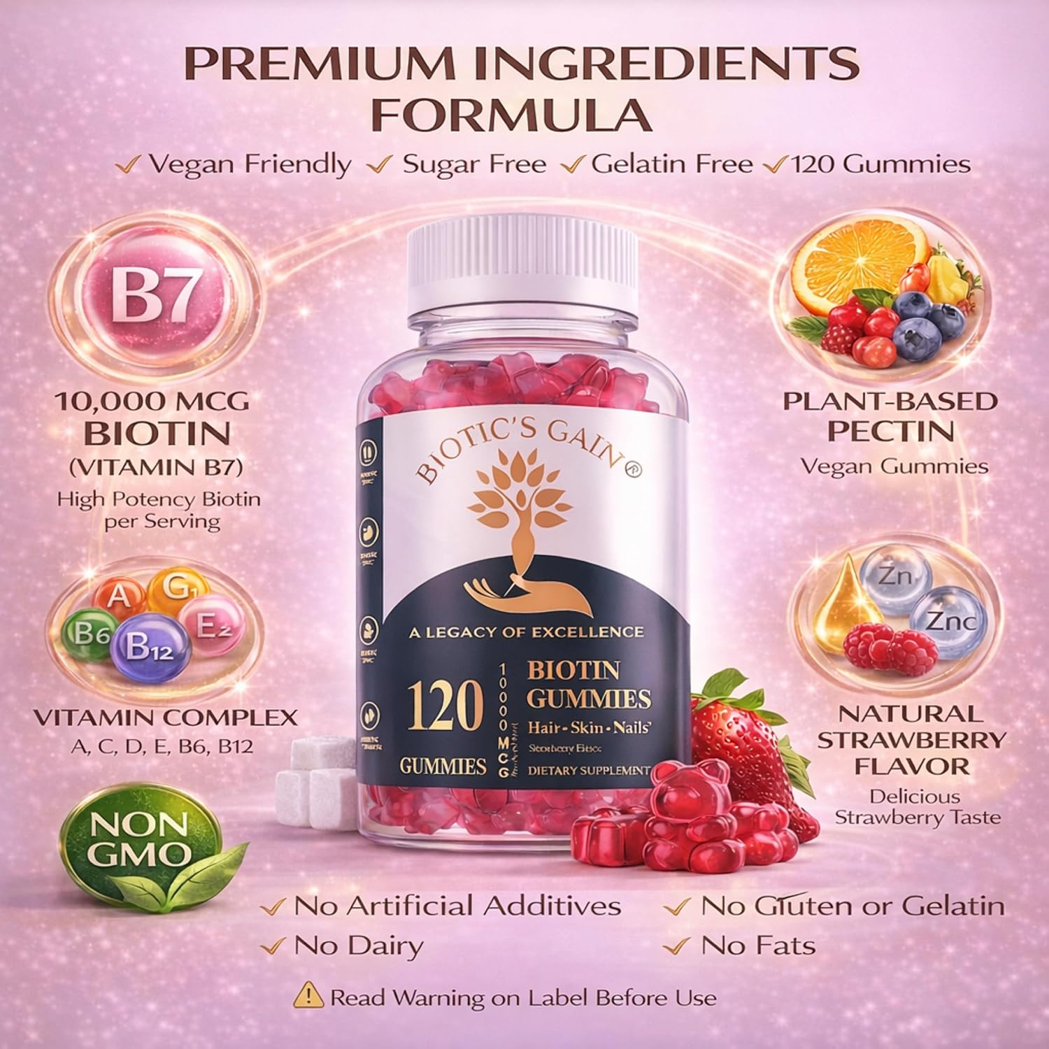 Biotic's Gain Biotin Gummies, 10000 mcg, Apoyo para Cabello, Piel y Uñas, con Vitaminas A C D E B6 B12 y Zinc, Vegano, Sin Azúcar, 120 Gominolas