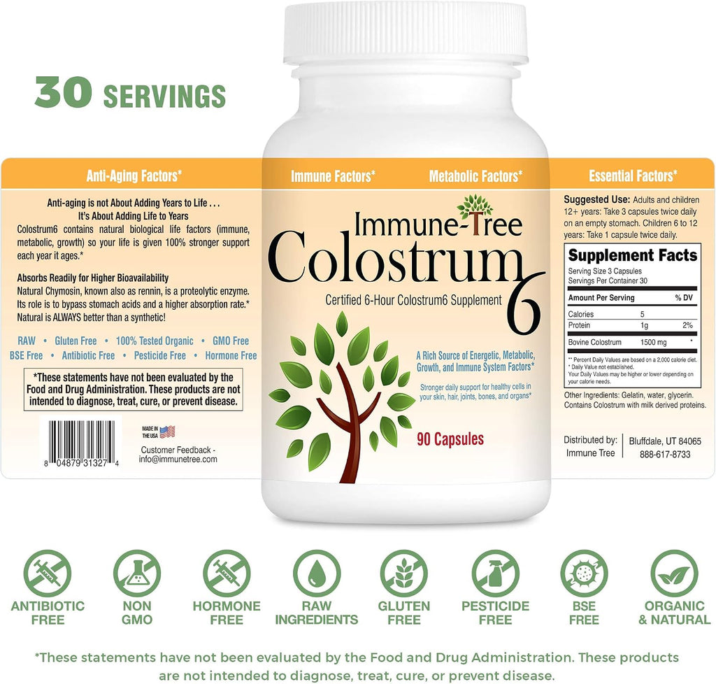 Immune-Tree Calostro Bovino Puro (Alimentado con Pasto) | Alto contenido de IgG para el apoyo inmunitario y la salud intestinal | 90 Cápsulas | 30 Porciones