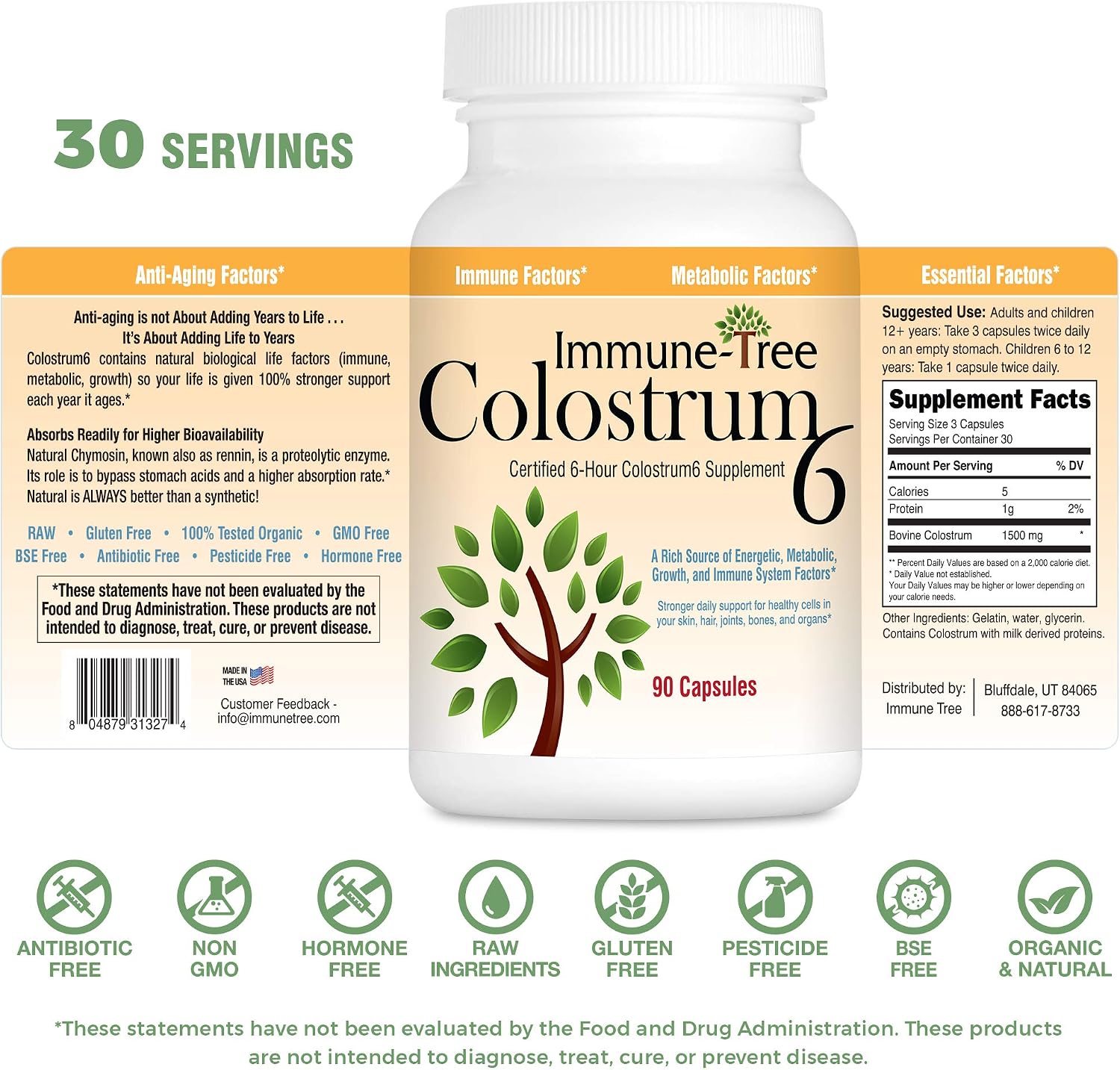Immune-Tree Calostro Bovino Puro (Alimentado con Pasto) | Alto contenido de IgG para el apoyo inmunitario y la salud intestinal | 90 Cápsulas | 30 Porciones