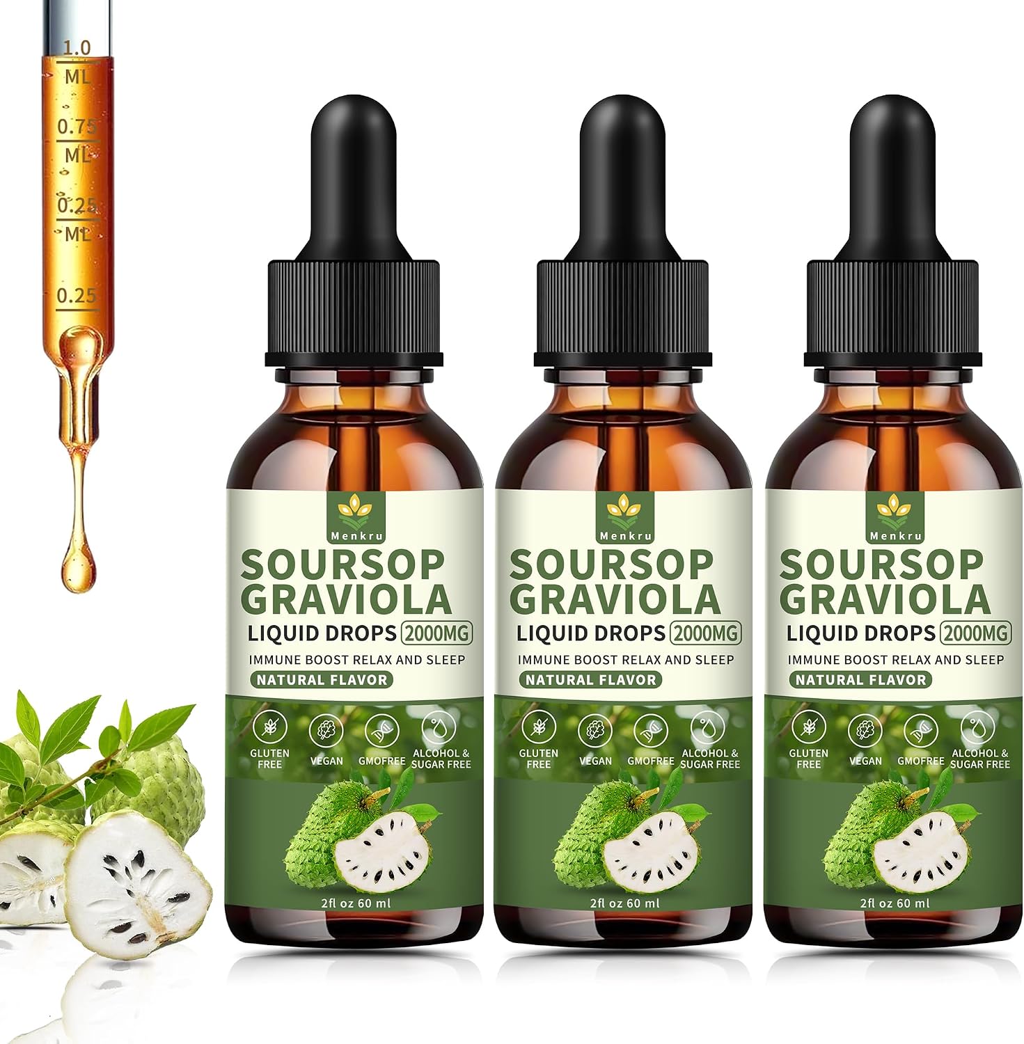 Menkru Soursop Bitters Gotas Líquidas Multivitamínicas - Extracto Orgánico de Hojas de Guanábana con Vitamina C, 60 ml (2 Fl Oz)