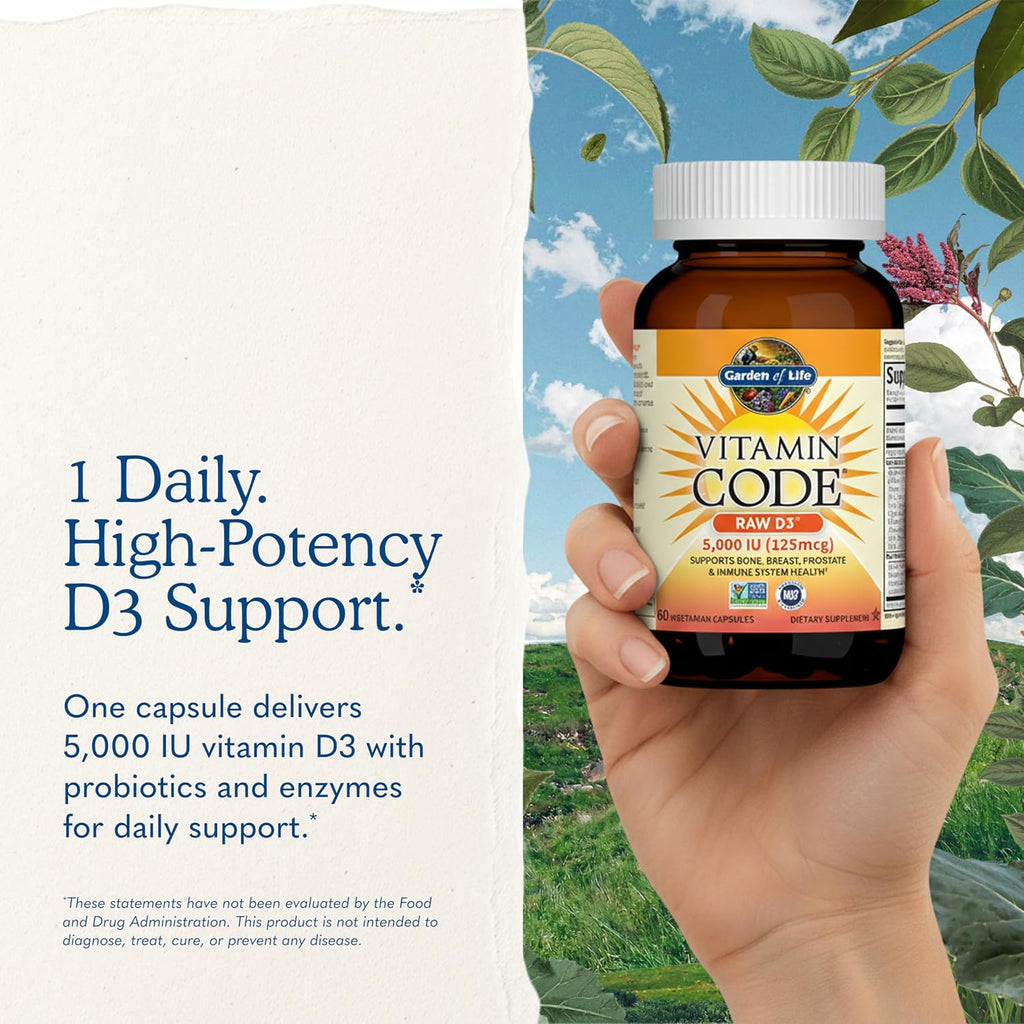 Garden of Life Vitamina D3 5000 UI, Suplemento de Alimentos Integrales con Chlorella, Frutas, Verduras y Probióticos, para Huesos e Inmunidad, 60 Cápsulas Vegetarianas