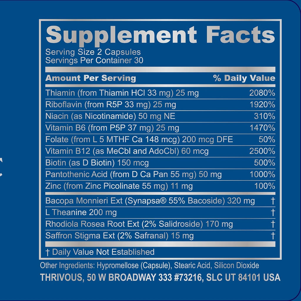 Thrivous Clarity Daily Nootropic – Fórmula Cognitiva y de Ánimo con Bacopa (Synapsa®), L-Theanina, Rhodiola Rosea, Complejo B y Zinc Picolinato – 60 Cápsulas Veganas