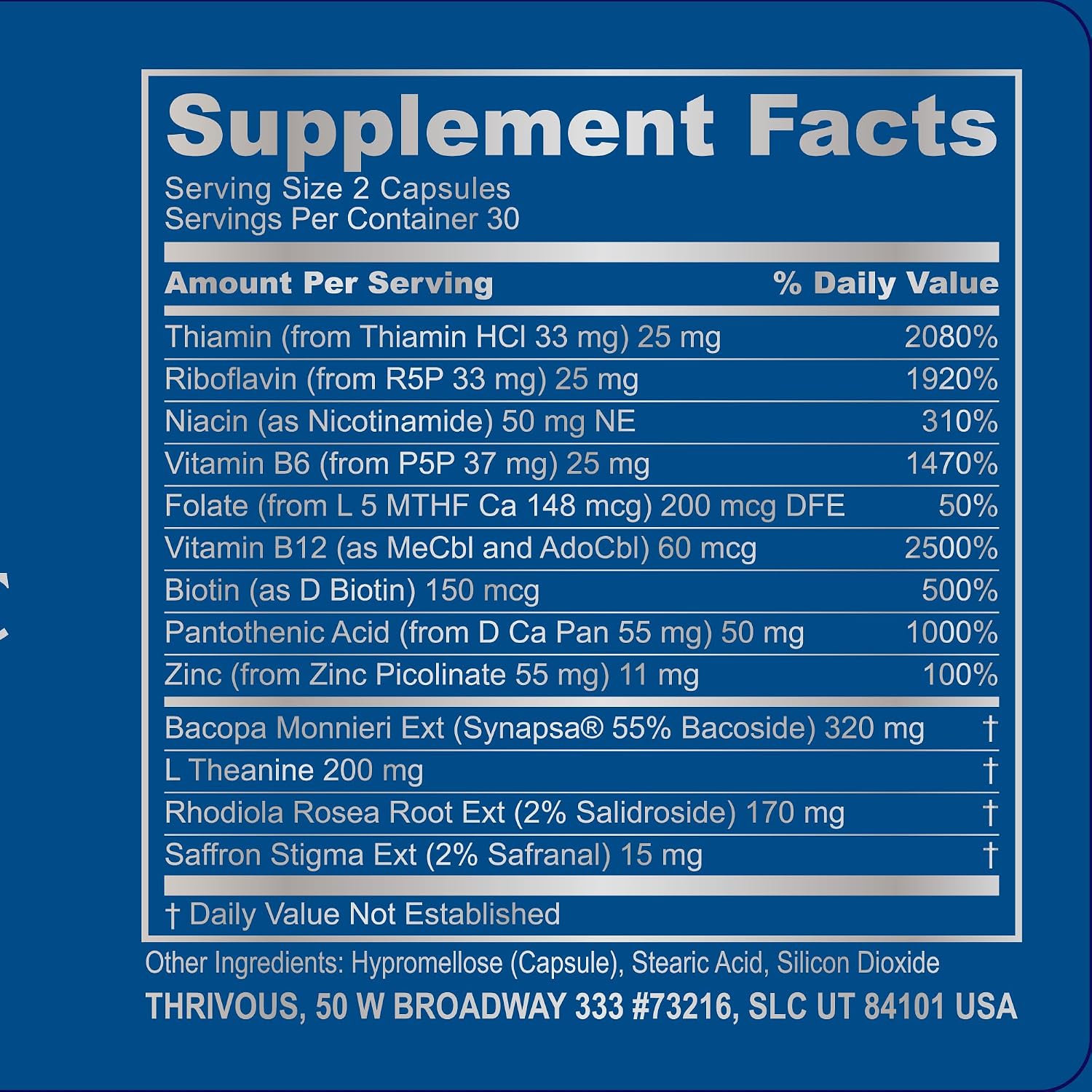 Thrivous Clarity Daily Nootropic – Fórmula Cognitiva y de Ánimo con Bacopa (Synapsa®), L-Theanina, Rhodiola Rosea, Complejo B y Zinc Picolinato – 60 Cápsulas Veganas