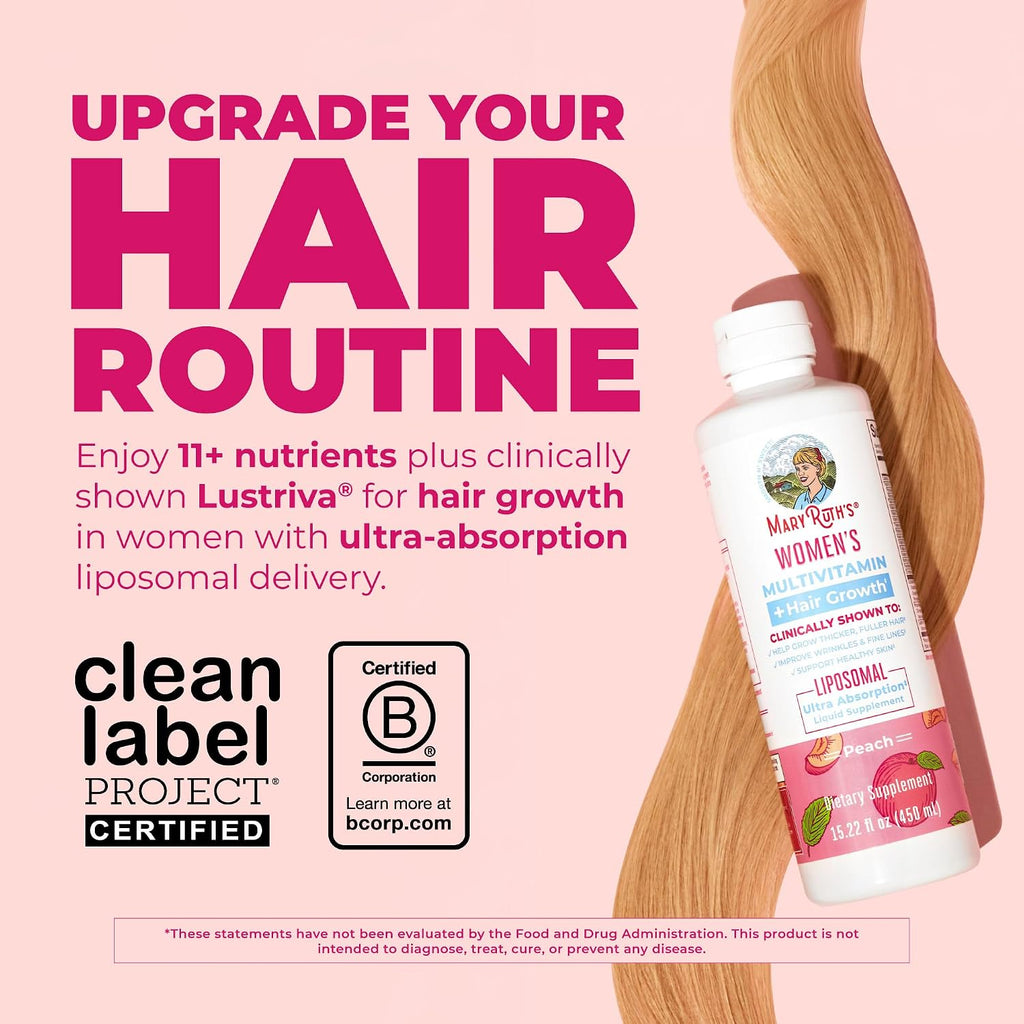 MARYRUTH'S Multivitamínico Femenino + Lustriva Crecimiento Capilar Liposomal | Biotina 10000mcg | Probado Clínicamente para un Cabello más Grueso y una Piel más Lisa | 15.22 Fl Oz