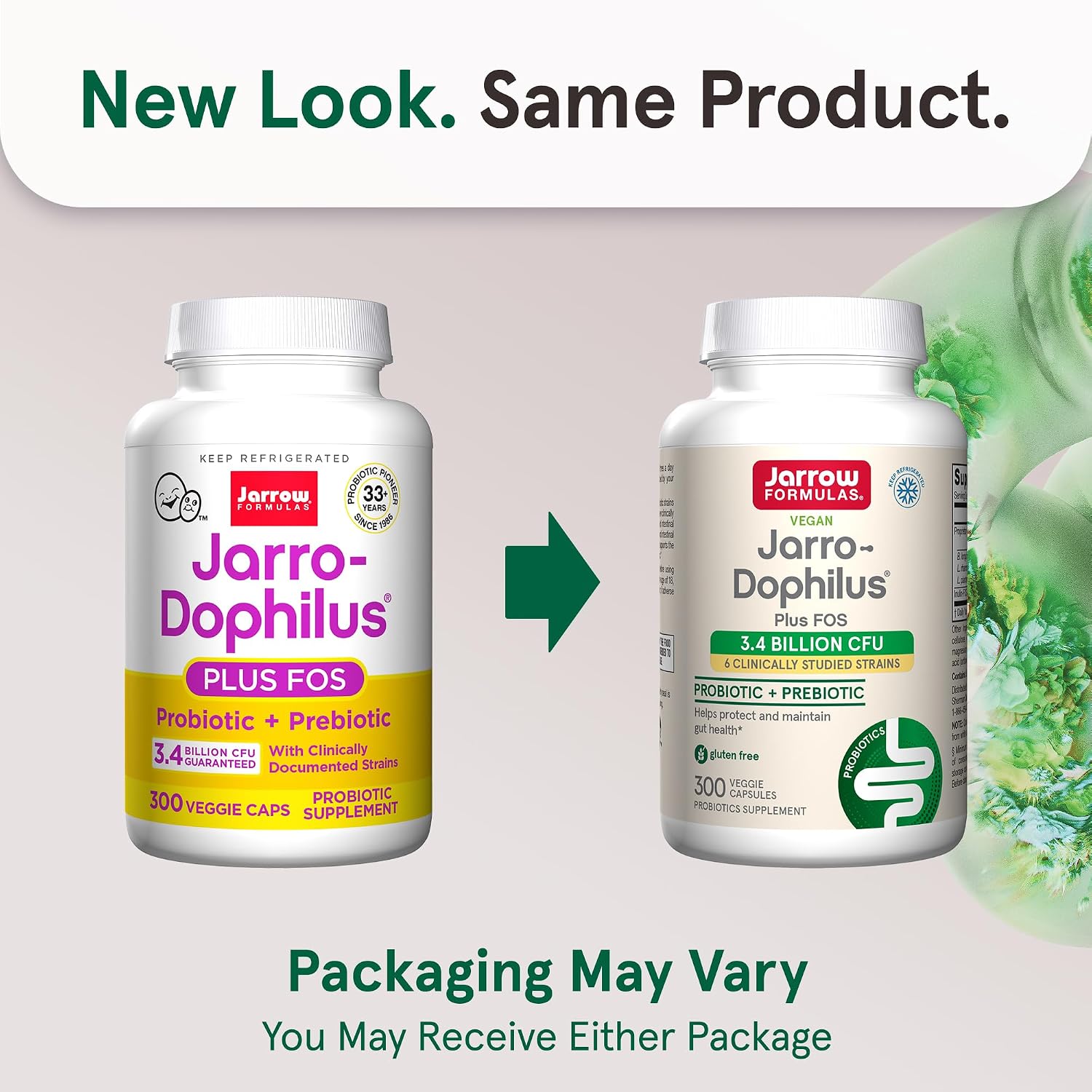 Jarrow Formulas Jarro-Dophilus + FOS - 3.4 Billion CFU Per Dose - Probiotic and Prebiotic Supplement - 300 Vegetarian Capsules