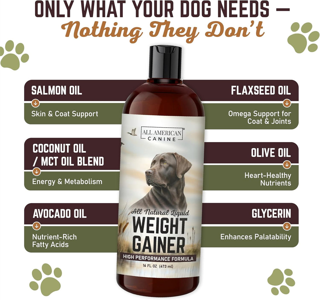 All American Canine Perro Weight Gainer Líquido – Suplemento de Altas Calorías para el Aumento de Peso, Masa y Recuperación – Estimulante del Apetito (473 ml)