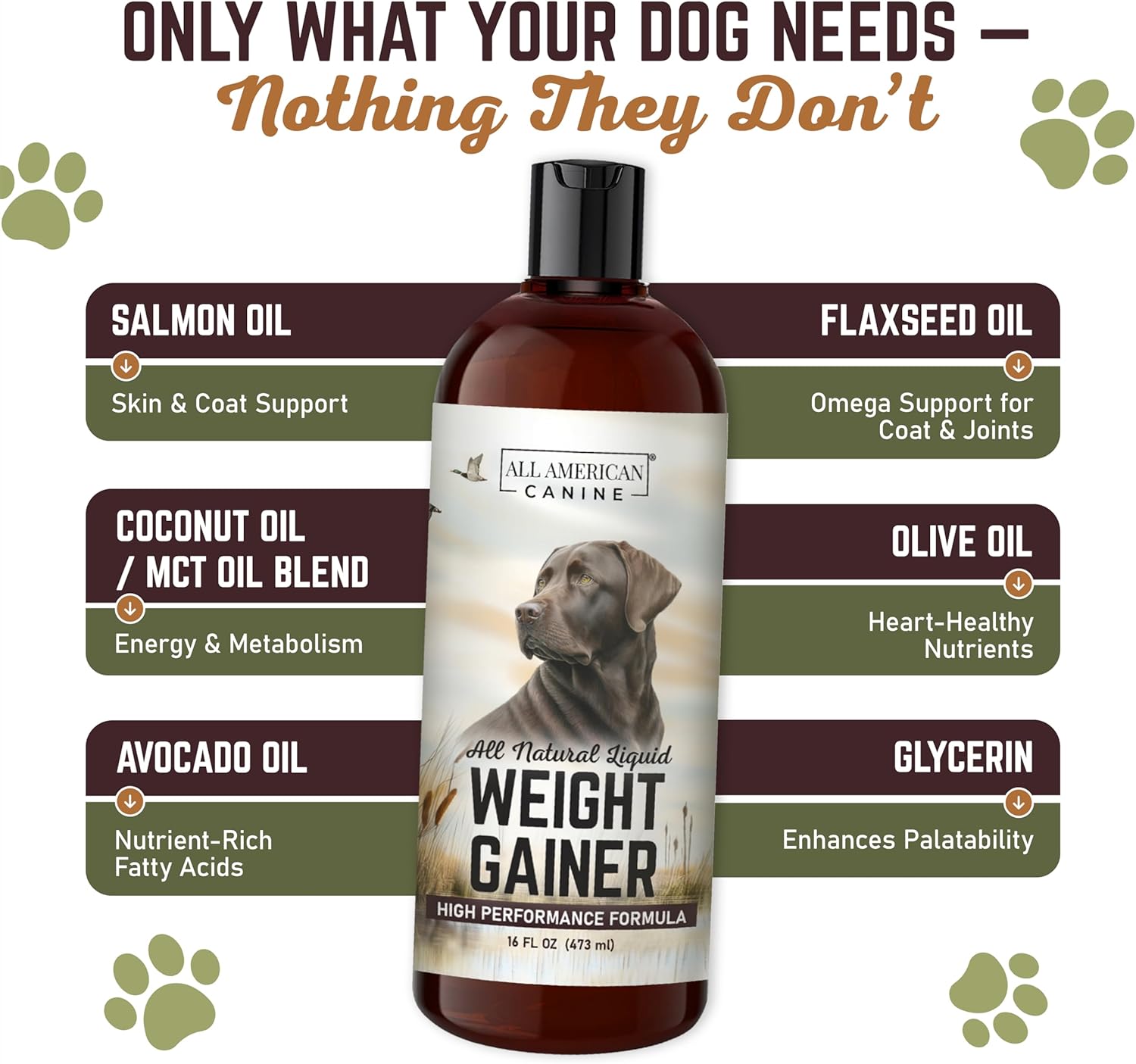 All American Canine Perro Weight Gainer Líquido – Suplemento de Altas Calorías para el Aumento de Peso, Masa y Recuperación – Estimulante del Apetito (473 ml)