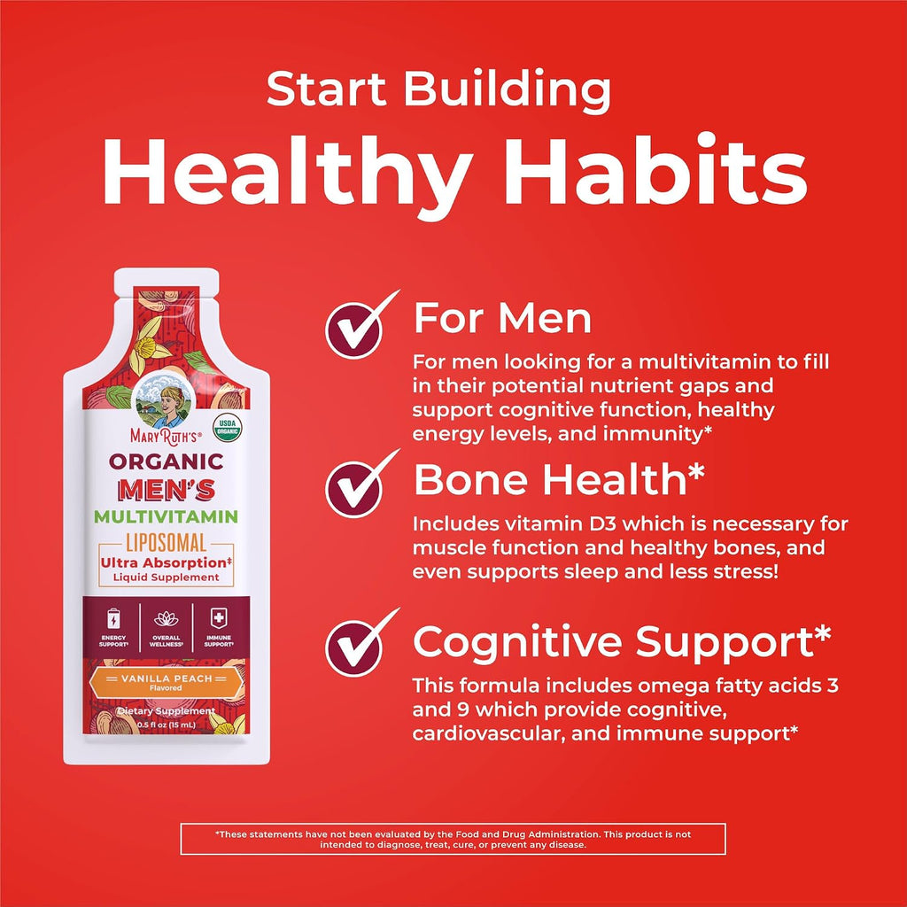 MaryRuth Organics Multivitamínico Líquido para Hombres con Tecnología Liposomal, Sabor Melocotón Vainilla, Orgánico, Sin Azúcar, Vegano, 14 sobres de 15 ml