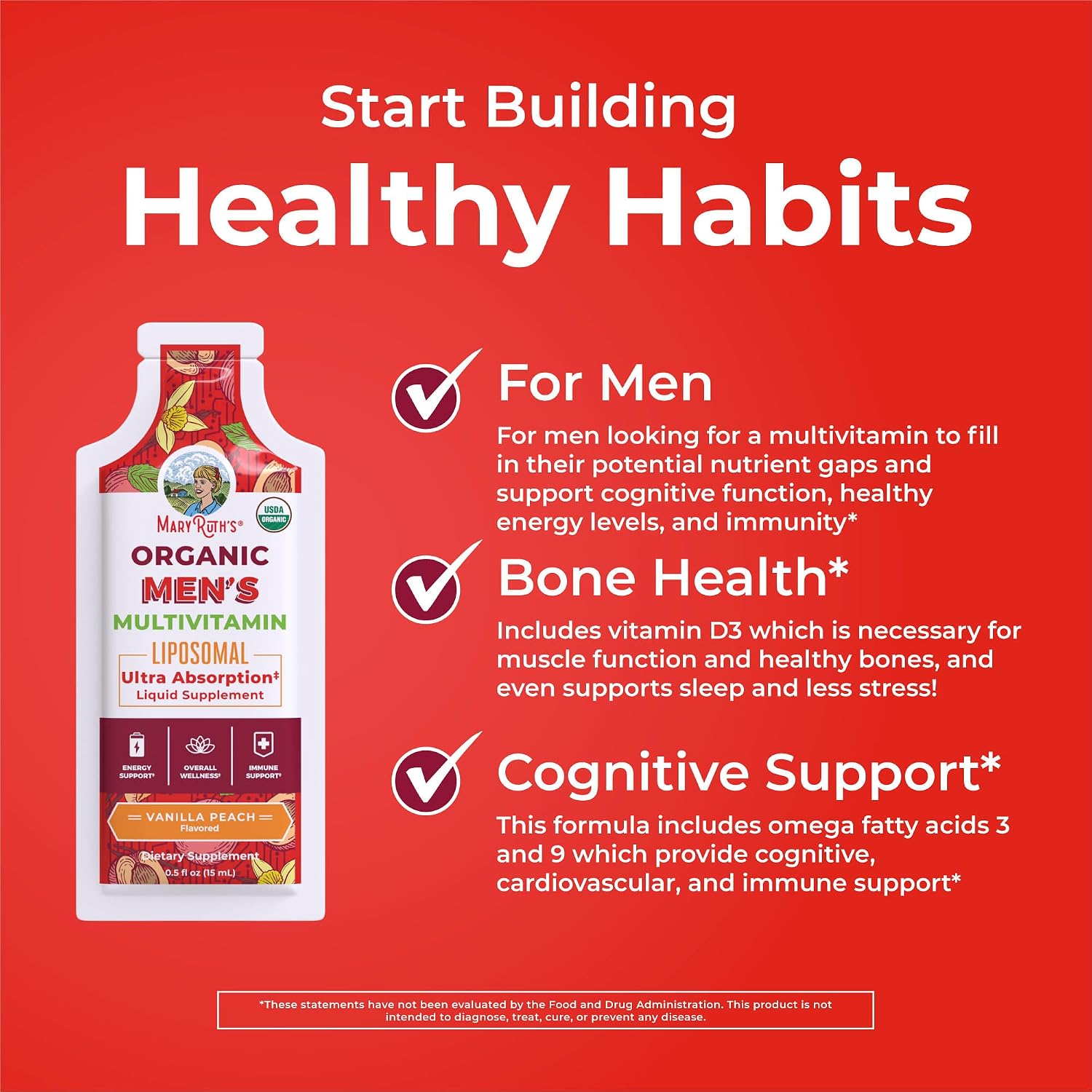 MaryRuth Organics Multivitamínico Líquido para Hombres con Tecnología Liposomal, Sabor Melocotón Vainilla, Orgánico, Sin Azúcar, Vegano, 14 sobres de 15 ml
