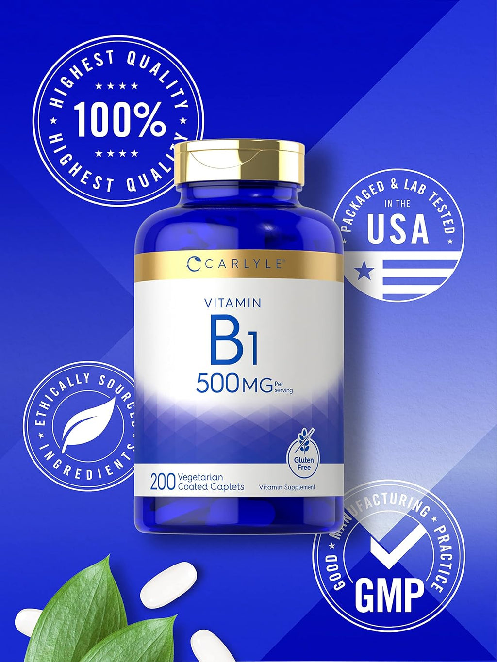 Carlyle Tiamina (Vitamina B1) 500 mg | 200 Comprimidos Vegetarianos | Sin Gluten y No Transgénico