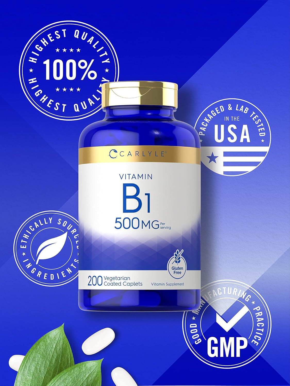 Carlyle Tiamina (Vitamina B1) 500 mg | 200 Comprimidos Vegetarianos | Sin Gluten y No Transgénico