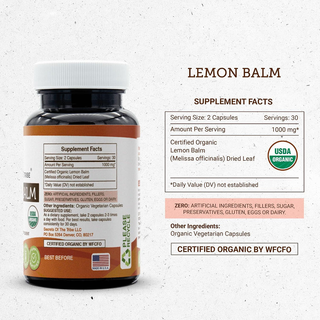 Secrets of the Tribe Cápsulas de Melisa Orgánica USDA - Melissa officinalis (60 Cápsulas)