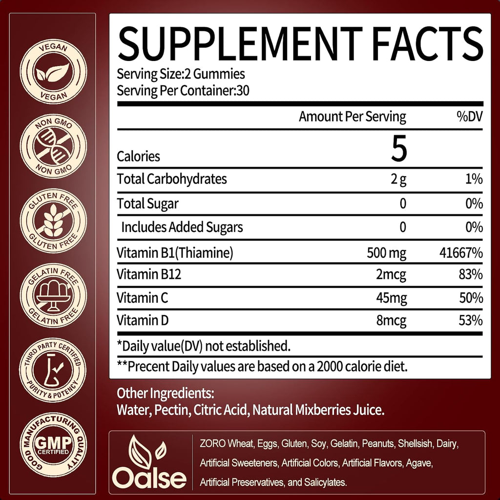 OALSE Gominolas de Tiamina Vitamina B1 - 500mg, Veganas, Sin Azúcar, Sabor a Bayas Mixtas, 60 Unidades