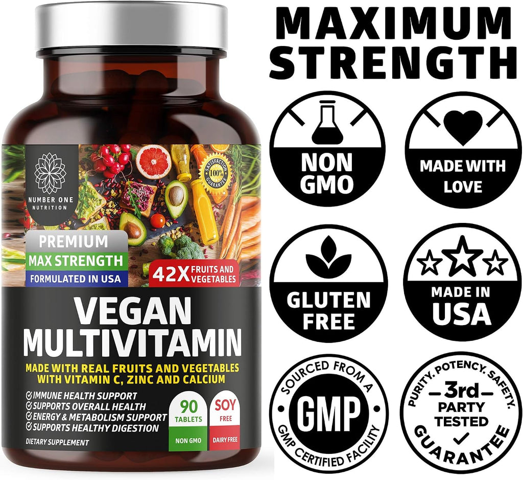 N1N Premium Multivitamínico Plant Based [42 Ingredientes] Multivitaminas para Hombres y Mujeres con Verduras, Frutas, Probióticos, Alfalfa, Equinácea, Espirulina y Enzimas, 90 Comprimidos