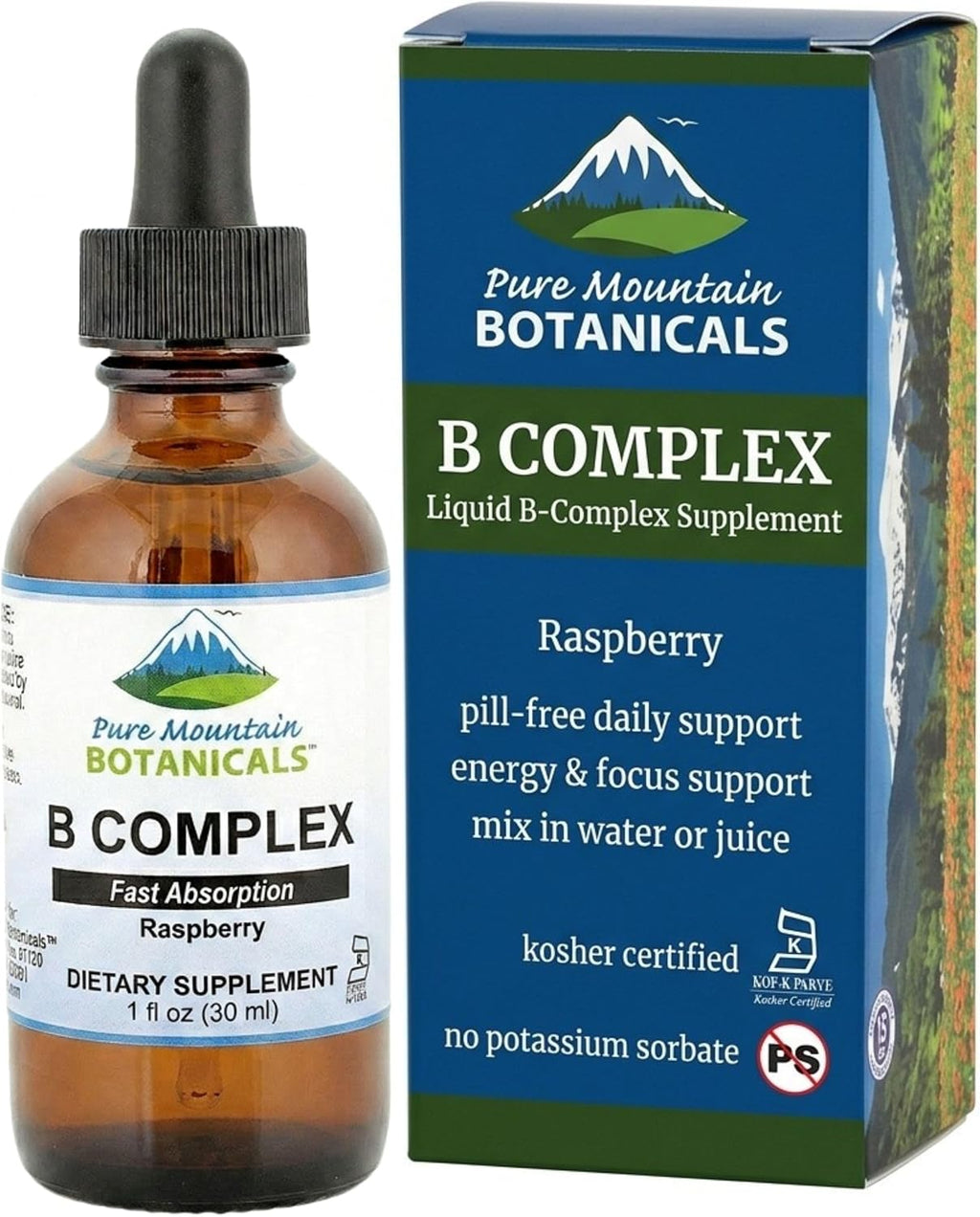 Pure Mountain Botanicals Complejo B Líquido - Vitaminas B12 y B6 - Sabor Frambuesa - Kosher No GMO - 30 Dosis