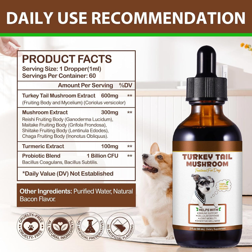 Cola de Pavo para Perros, Rápida Absorción - Gotas con Cúrcuma y Probióticos para el Sistema Inmunológico, Digestivo y Articular - 60ml