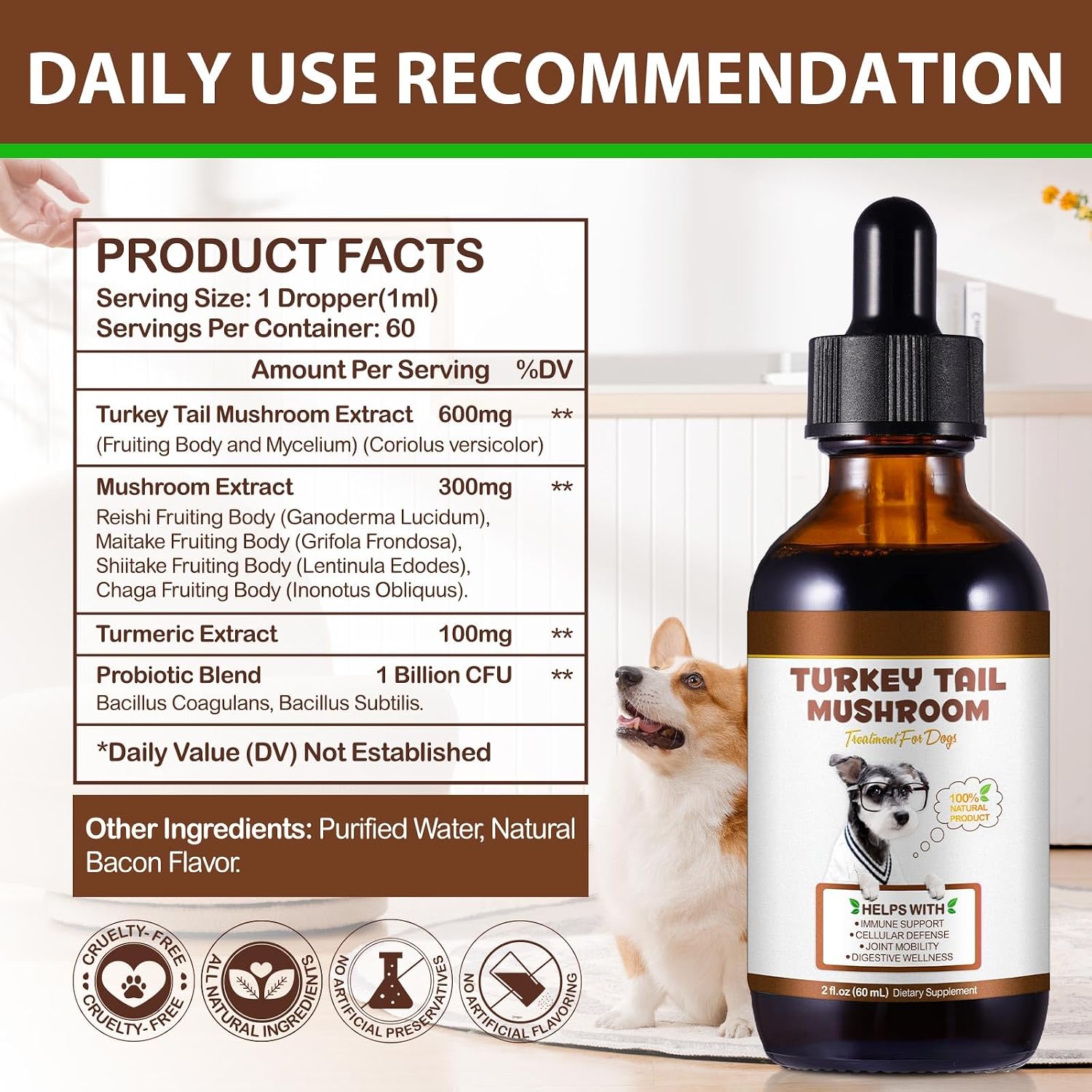 Cola de Pavo para Perros, Rápida Absorción - Gotas con Cúrcuma y Probióticos para el Sistema Inmunológico, Digestivo y Articular - 60ml