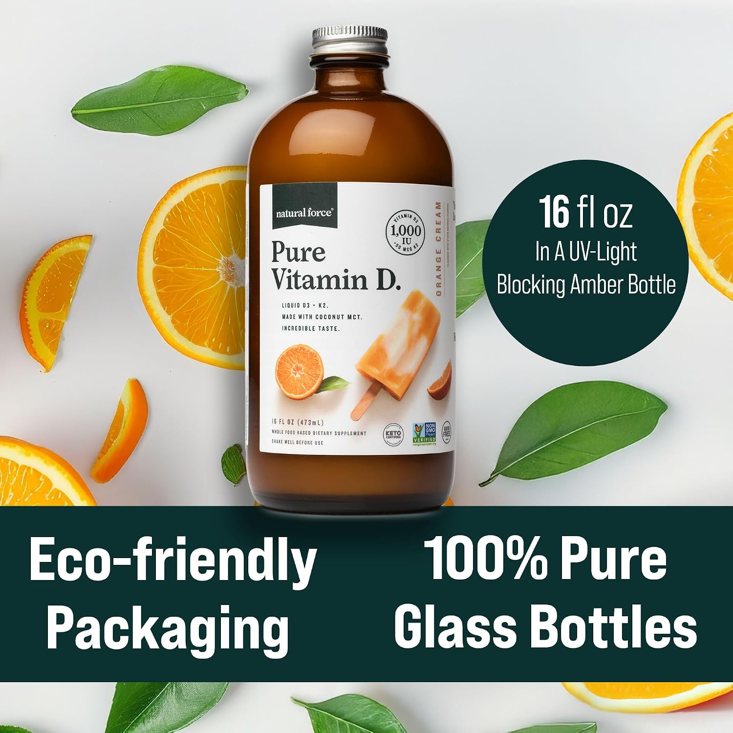 Natural Force Pure Vitamin D – Líquido D3 y K2 con MCT de Coco – 1,000 UI – Vegano – Sabor Naranja Crema – 473 ml