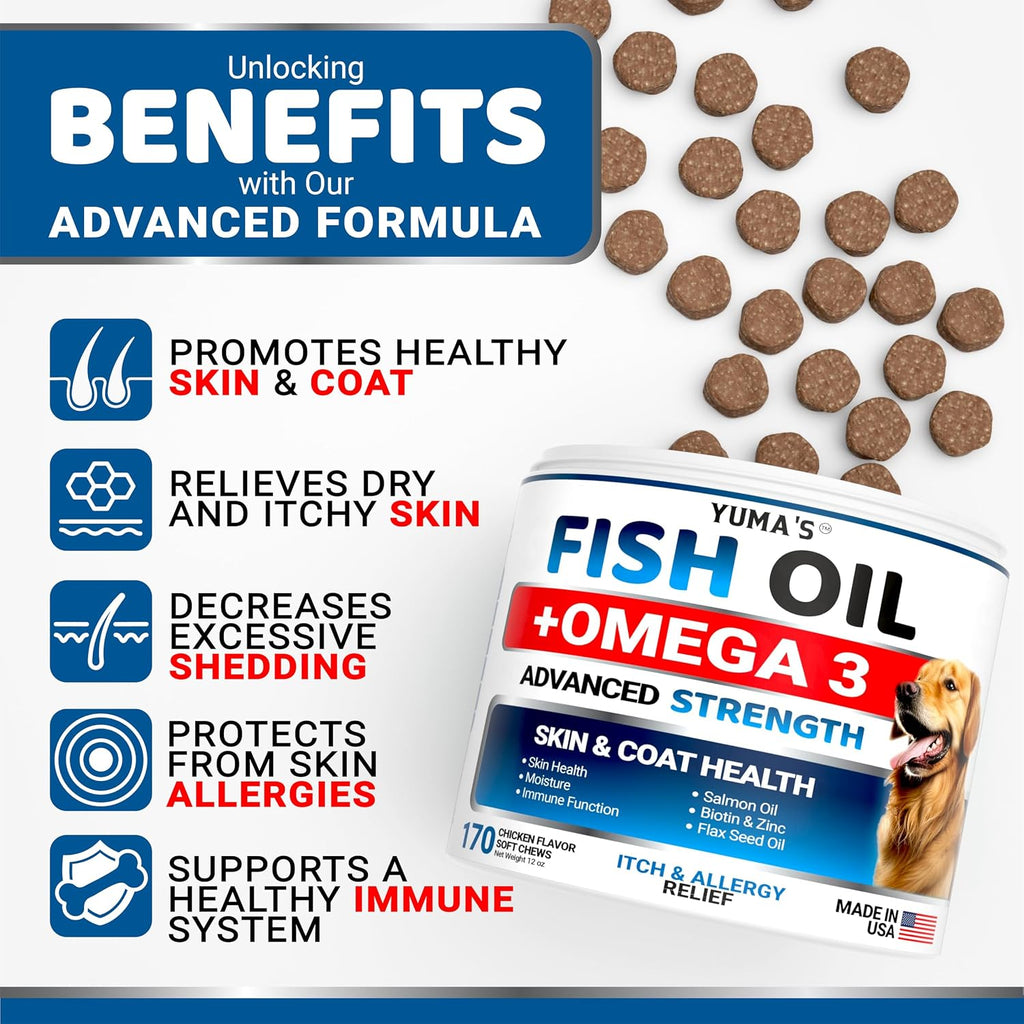 Omega 3 para perros – 170 masticables – Suplemento para piel y pelaje con salmón, EPA y DHA – Sabor pollo