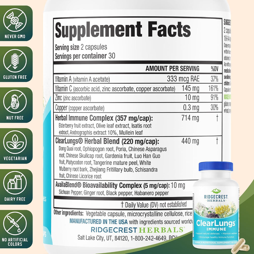 RidgeCrest Herbals ClearLungs Immune, 60 Cápsulas Veganas
