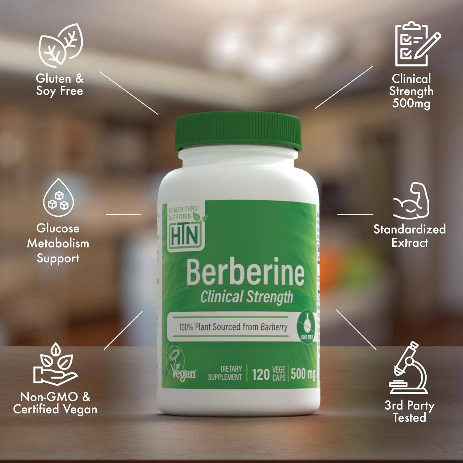 Health Thru Nutrition Berberine HCl 500mg 120 Capsules | High Potency Berberine Supplement | Certified Vegan | Non-GMO | Soy Free