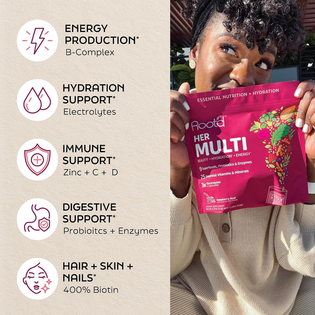 Root'd Multivitamínico en Polvo para Mujeres - 25 Vitaminas y Minerales con Electrolitos, Superalimentos y Probióticos, 24 sobres