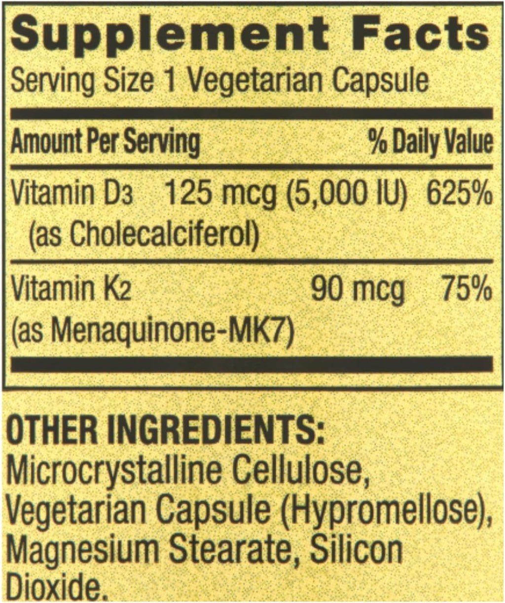 Spring Valley Vitamina K2 90mcg D3 125mcg, 90 Cápsulas Vegetarianas (Paquete de 2, 180 Cápsulas) con Pastillero