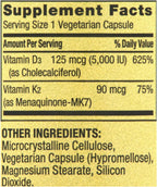 Spring Valley Vitamina K2 90mcg D3 125mcg, 90 Cápsulas Vegetarianas (Paquete de 2, 180 Cápsulas) con Pastillero