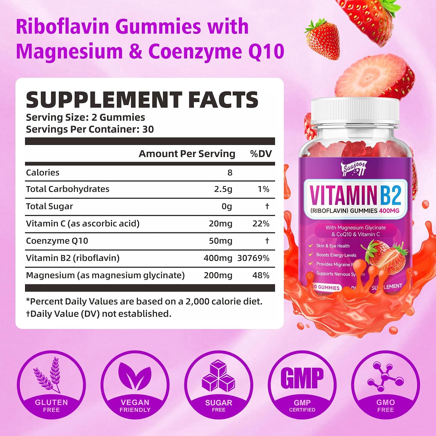 Gominolas de Vitamina B2 - Riboflavina 400 mg con Magnesio y CoQ10 - Sabor Fresa, 60 gominolas