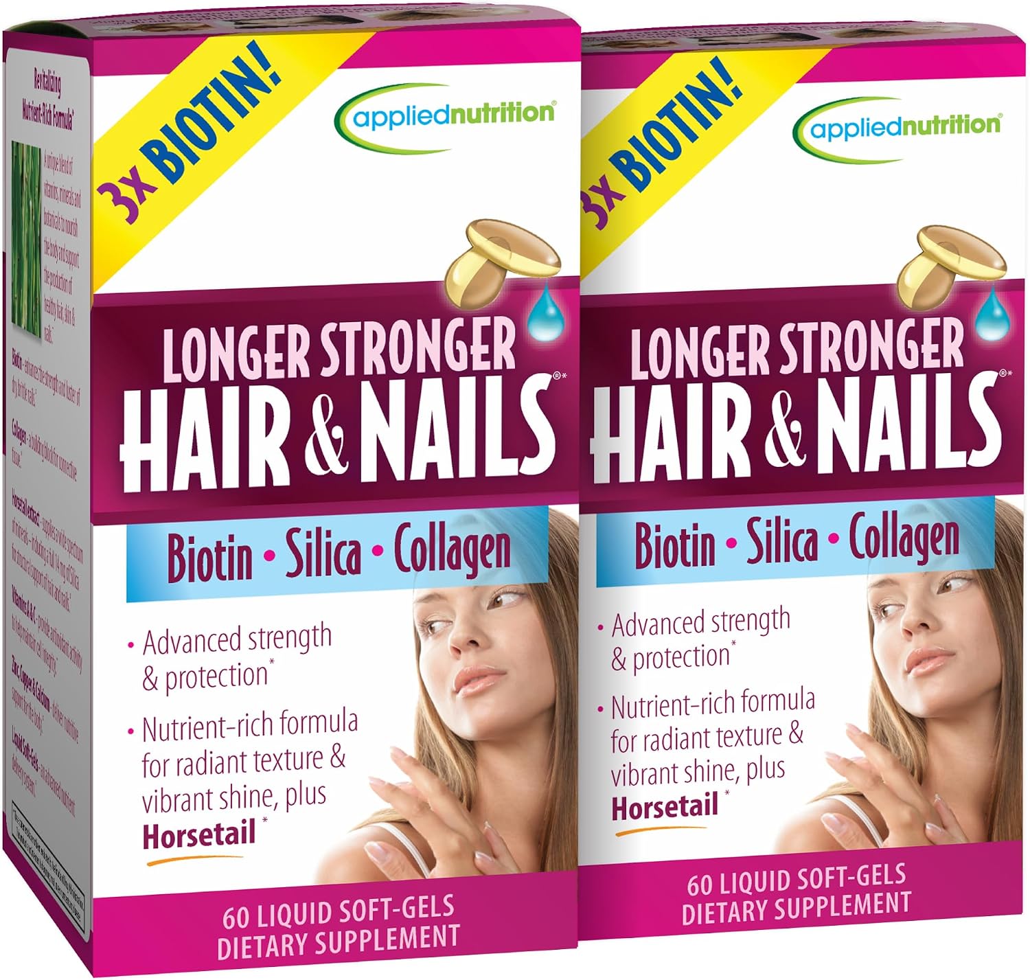 Applied Nutrition Cabello y Uñas Fuertes – 60 Cápsulas Blandas Líquidas (Pack de 6) – Biotina, Silicio y Colágeno